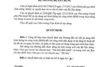 Quyết định số 347/QĐ-BXD ngày 02/04/2021 về việc Vswin Hướng dẫn chi tiết áp dụng Mô hình thông tin Vswin casino (BIM) đối với Vswin casino dân dụng và Vswin casino hạ tầng kỹ thuật đô thị